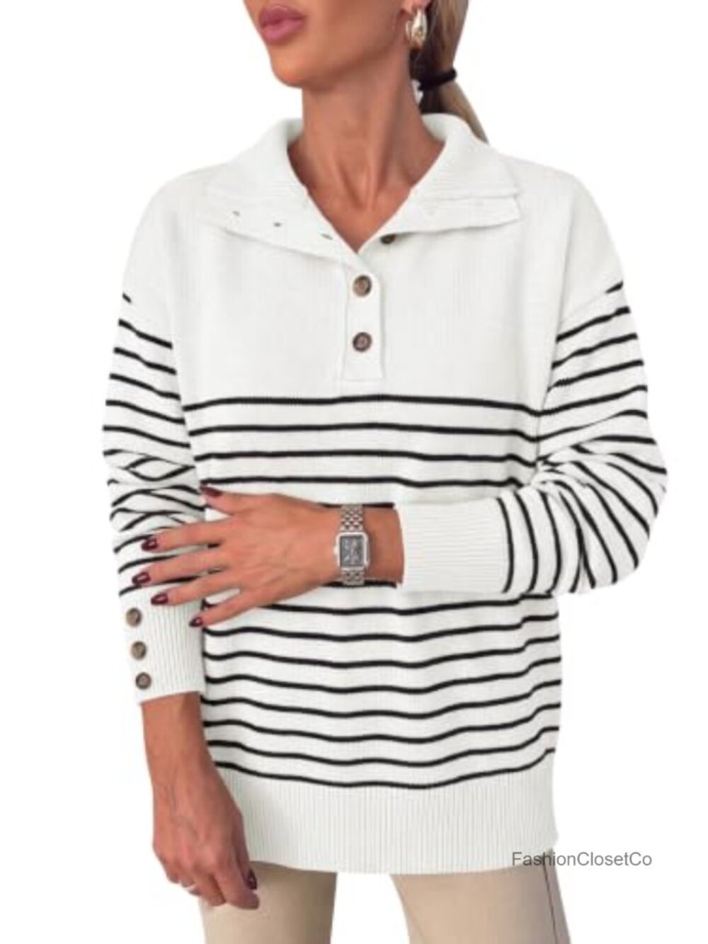 Long Sleeve Striped Pullover Sweater Mock Neck Relaxed Fit Lightweight